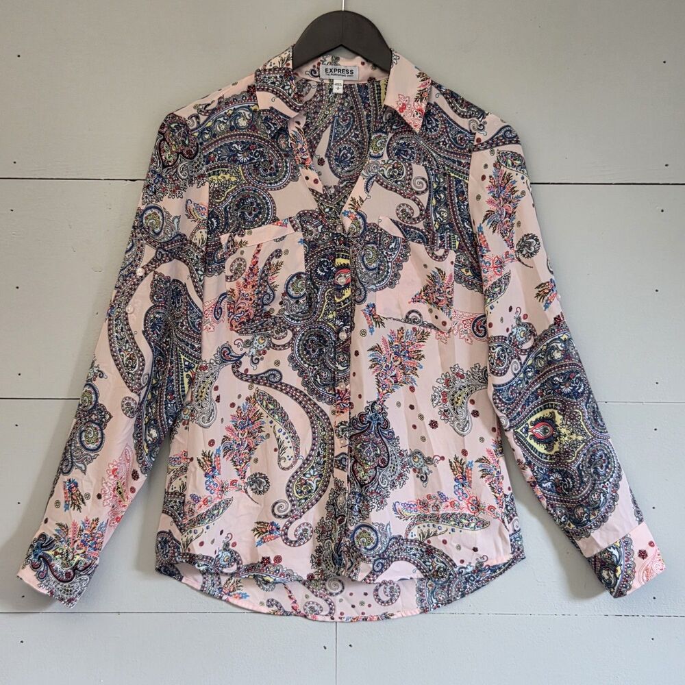 Express Portofino Pink Blue Paisley Long Sleeve Collared Button-Up Blouse S